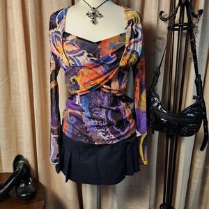 Mesmerize Paisley Mesh Top Large Purple Orange Surplice Long Sleeve Sheer Blouse
